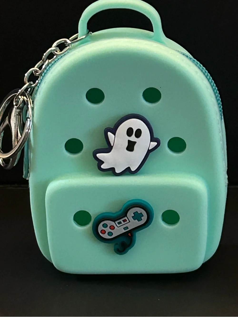 Kids Mint Green Mini Silicone Bag Charm Keychain Case w/Ghost & Controller Charm